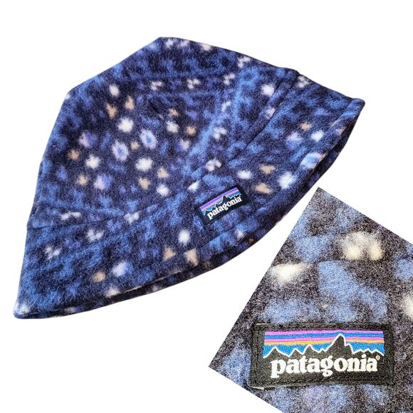 PATAGONIA Sz S Blue Abstract 100% Recycled Poly Fleece Snow Beanie Bucket Hat - Picture 1 of 9